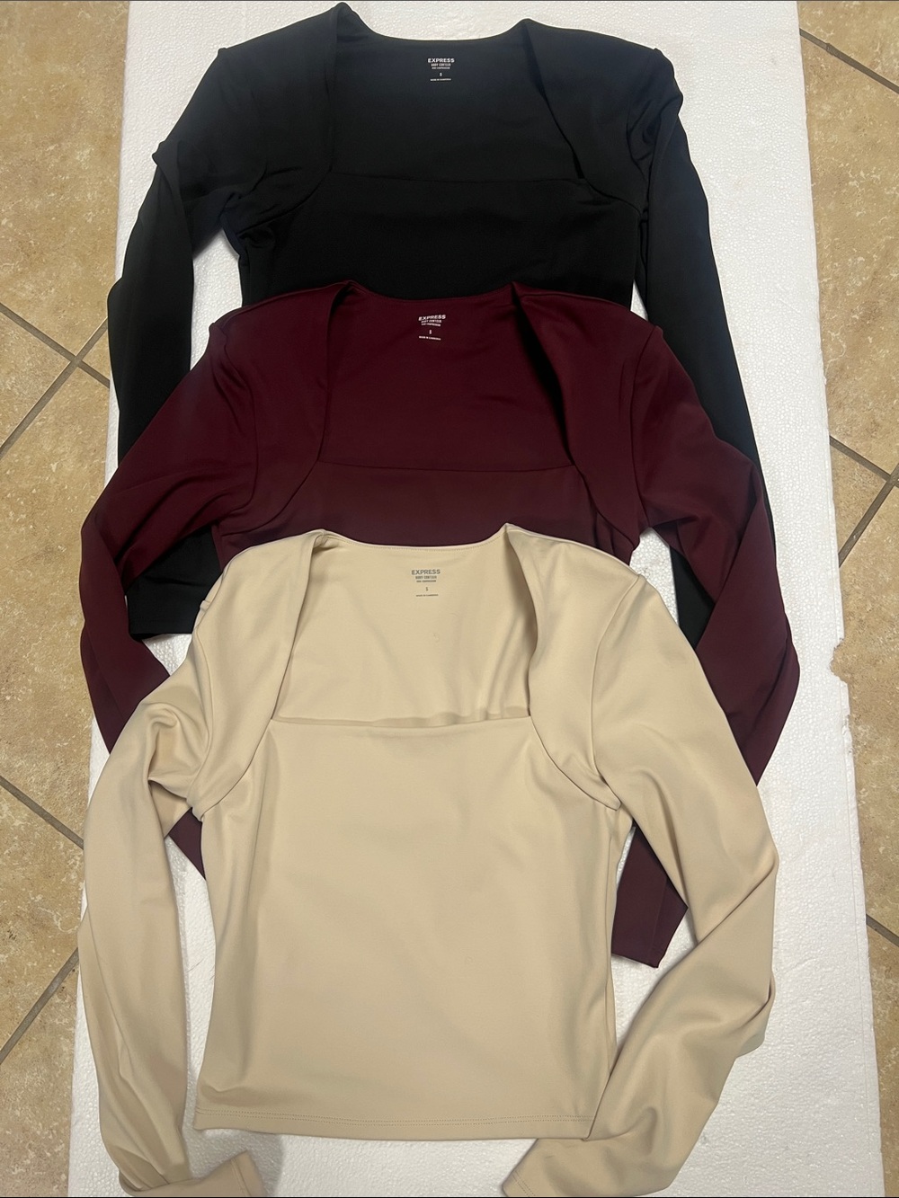 Express Long Sleeve Tees in Black, Burgundy, and Cream